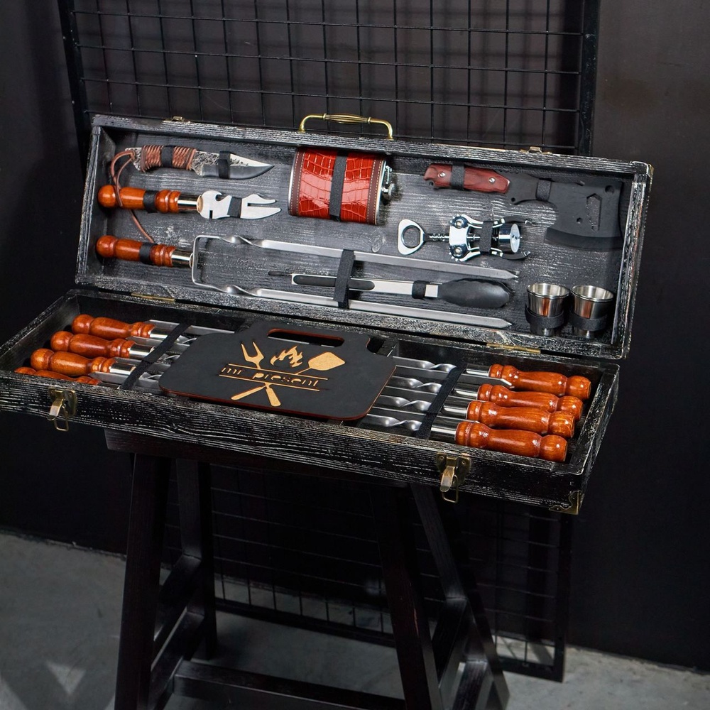 Винтажный набор шампуров в кейсе Охотник 2. Подарок для мужчины