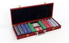 Набор для покера в деревянном кейсе IG-6645 на 500 фишек с номиналом (2 кол.карт,5куб)